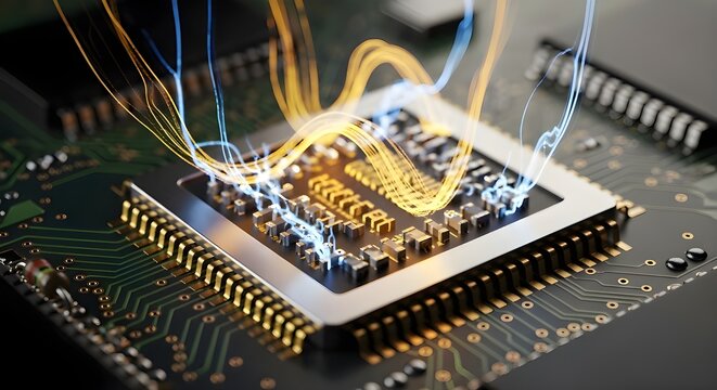 Abstract circuit board futuristic technology processing background digital computer CPU binary microchip processor futuristic computing science hardware in laptop motherboard virtual integration