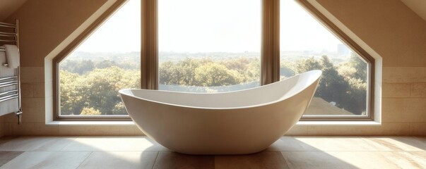 Luxurious, modern freestanding bathtub with a view.