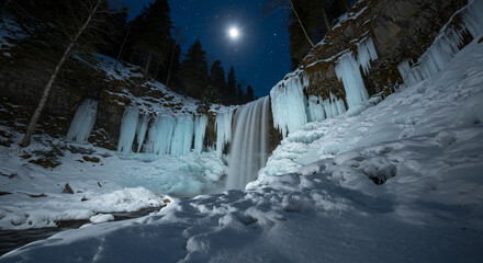 A scenic view of a waterfall surrounded by snow and ice under the moonlight and starry night sky