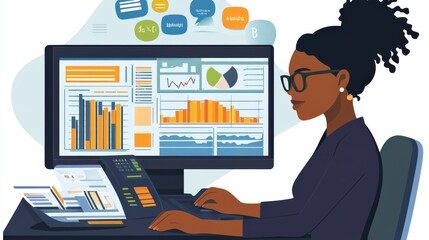 Businesswoman analyzing data on a computer screen.