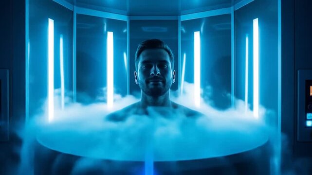 Man Enduring Intense Cryotherapy Session in a Futuristic, Blue-Lit Recovery Chamber