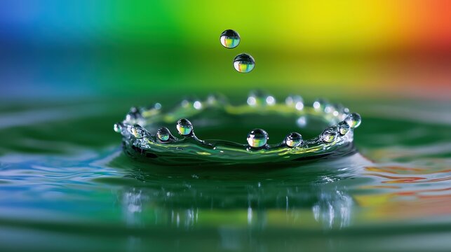 Colorful water droplets creating ripple effect with vibrant rainbow background