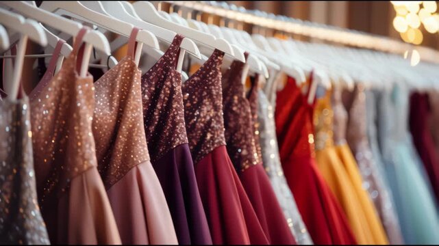 Elegant long formal dresses for sale in luxury modern shop boutique. Prom gown, wedding, evening, bridesmaid dresses dress details. Dress rental for various occasions and events