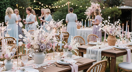 Elegant garden party celebration with floral decorations and guests