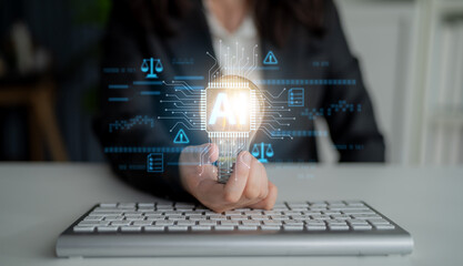 AI circuit microchip with glowing blue lines, surrounded by legal scales, warning symbols, data...