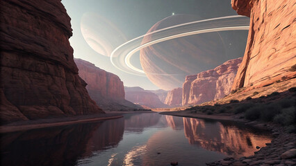Planet view Calm water reflects canyon cliffs with a giant ringed planet
