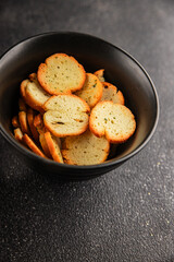 Crisps croutons with greens croutons delicious snack fresh delicious gourmet food background on the table  rustic food top view copy space