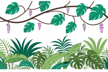 Lush tropical jungle canopy with hanging vines and vibrant green foliage