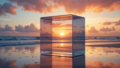 Glass Cube on a Wet Sandy Beach Reflecting a Beautiful Sunset with Orange and Pink Clouds Over the Ocean