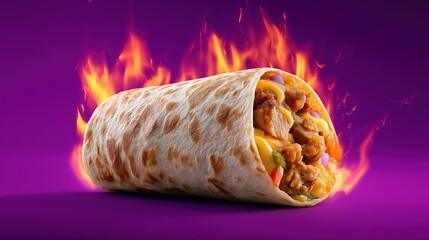 Spicy grilled chicken burrito with vegetables and flames on purple background