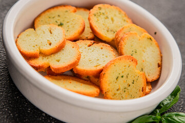 Crisps croutons with greens croutons delicious snack fresh delicious gourmet food background on the table  rustic food top view copy space