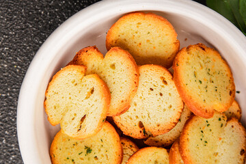 Crisps croutons with greens croutons delicious snack fresh delicious gourmet food background on the table  rustic food top view copy space