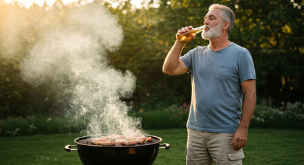 Middle-aged man enjoying a cold beer next to a smoking grill