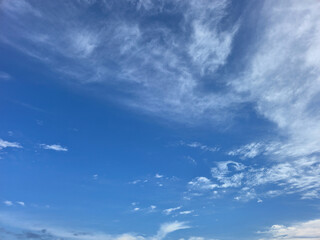 Blue Sky with White Fluffy Clouds. Natural Background for Weather, Nature, and Travel Concepts. High resolution sky texture wallpaper. Clear sunny morning sky.
