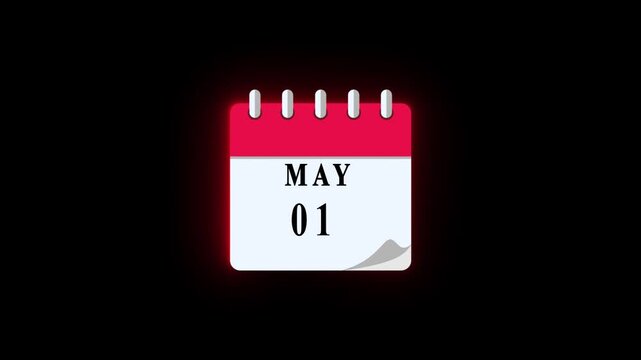 01 MAY date calendar icon animation, calendar icon video, calendar moving neon black background animation.