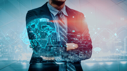A businessman with a digital world map overlay symbolizes the intersection of technology and business in a modern corporate landscape, showcasing innovation and global connectivity. Xenic