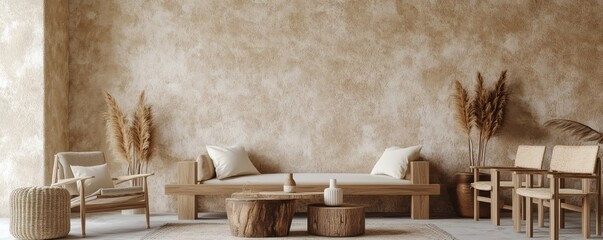 A neutral-toned living room with wooden furniture and natural elements.