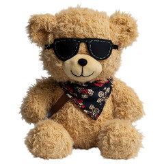Stylish Teddy Bear: A cuddly, fashionable teddy bear, sporting trendy sunglasses and a stylish bandana, embodies playfulness, warmth and joy. A symbol of comfort and joy.