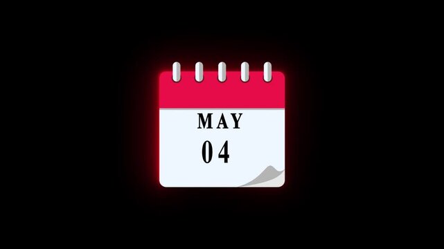 04 MAY date calendar icon animation, calendar icon video, calendar moving neon black background animation.