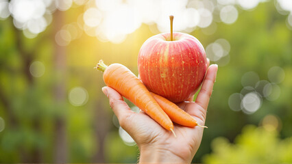 Hand holding fresh apple and carrot in natural outdoor setting . World Vegetarian Day