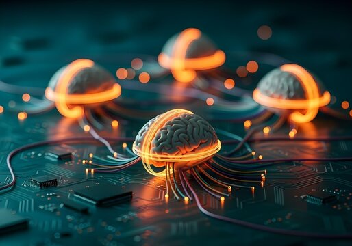 Multiple human brains with transparent cables on green circuit board, conceptual AI brain computer interface and distributed neural network processing array