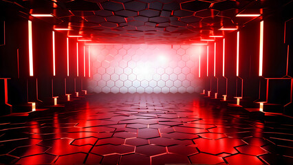 Red and black hexagon-shaped corridor with glowing lights. Futuristic, abstract, and modern design.