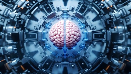 Obraz premium Human brain in circular high tech mechanical frame with blue lights, conceptual AI brain computer interface and advanced neural processing network