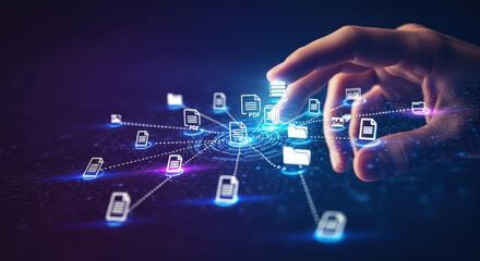 Document Management System Concept: Hand Touching Digital Files, Data Transfer, Cloud Storage, and Secure File Sharing in a Modern Technology Network