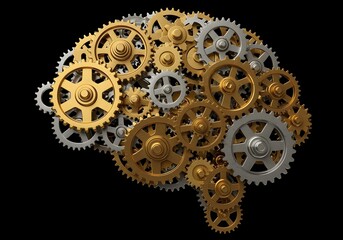 Brain shape formed by bronze and silver gears on dark background, conceptual AI mechanical brain and neural machine intelligence visualization
