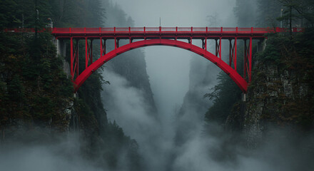 A red bridge spanning a misty gorge with trees and fog creating a scenic landscape view outdoor