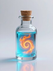 A small glass potion bottle sealed with a cork stopper containing a glowing swirling spiral of vibrant color, 3d Illustration