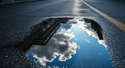 Fototapeta premium Puddle reflecting building and cloudy sky on wet asphalt road with yellow line on the side