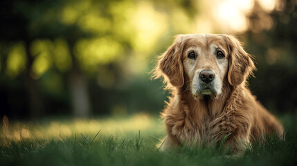 Portrait of aging golden retriever in park, calm and loyal