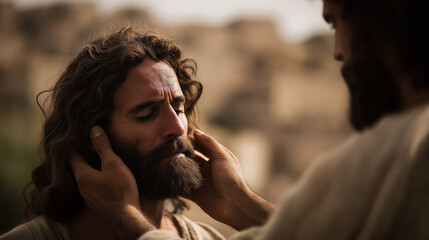 Jesus gently heals a deaf and mute man by touching his ears and tongue; the man&rsquo;s face relaxes as sound reaches him amid a dusty town...