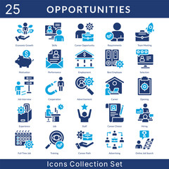 Job Opportunities icon set collection in solid glyph style. an icon pack contain  bank, document, review, signage, magnet, job seeking, work from home, targeting, box, office worker