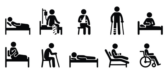 Stickman silhouette icons showing hospital and patient care scenes including wheelchair, bed rest, and medical support