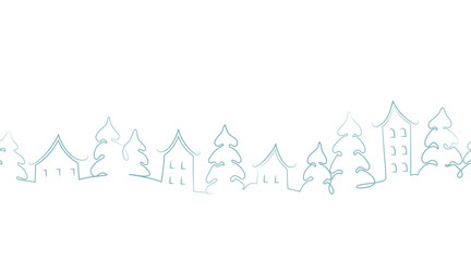 Christmas Seamless Border. Winter Village Outline Drawing. Line Art Style. Winter Landscape. Houses, Fir Trees. Window Holiday Decoration Template. Vector Illustration in Blue, White