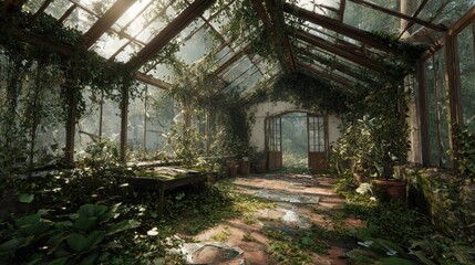 Overgrown Greenhouse Interior, Jungle Setting, Sunbeams, Abandoned, Video Game Background