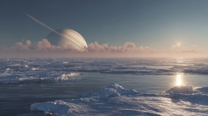 Icy planet surface, ringed gas giant sunset, science fiction landscape, space exploration
