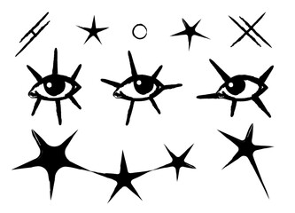 Scary eyes and stars tattoo design. Set of mystic black big eyelashes in hand drawn style and other elements. Neo traditional or new school concept. Vector illustration isolated on a white background.