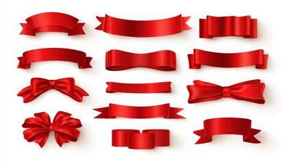 Red vector ribbons of various shapes and sizes on a white background