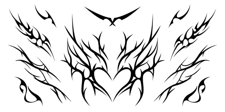 Tribal tattoo vector with flames, heart, wings, and symmetrical black shapes. Abstract decorative design for stencil, flash, biker art, and body ink. Vector illustration isolated on a white background