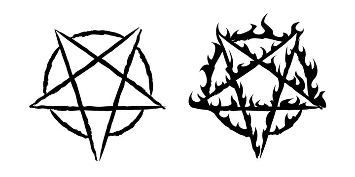 Grunge and flame pentagram symbols. Black hand-drawn satanic star and burning occult icon. Vector illustration for tattoo, metal art, gothic design, or dark alternative themes.