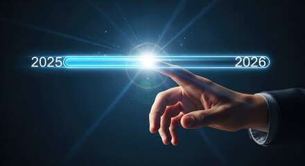 Advancing to 2026: Hand Touching Progress Bar, Future Technology Concept, Innovation, Business Growth, Digital Transformation, Next Year Goals
