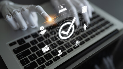 Fototapeta premium AI powers quality assurance through intelligent control systems, compliance monitoring, and virtual assistants to ensure product excellence. Latch