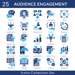 Audience Engagement icon set collection in solid glyph style. an icon pack contain upselling, customer journey, retention, segmentation, academic program, sponsorship, incentives, swot analysis, roi