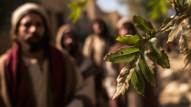 Near Jerusalem, Jesus curses a fig tree whose leaves wither in soft morning light, while silent disciples watch in puzzled awe by the roadside...