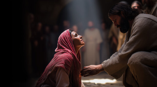 Inside the temple, Jesus heals a crippled woman whose bent back slowly straightens as she looks up joyfully under sunlight pouring through arches...