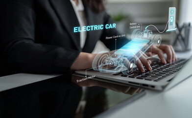 Structure of electric car showing battery system, traction motor, control units, and charging station for understanding EV functionality and energy flow Latch