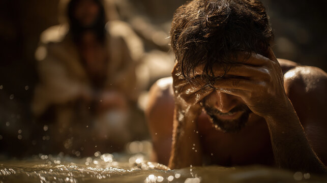 Jesus heals the man born blind as he washes mud from his eyes in the Pool of Siloam&mdash;sunlight dances on rippling water as sight returns, and Jesus watches silently behind...